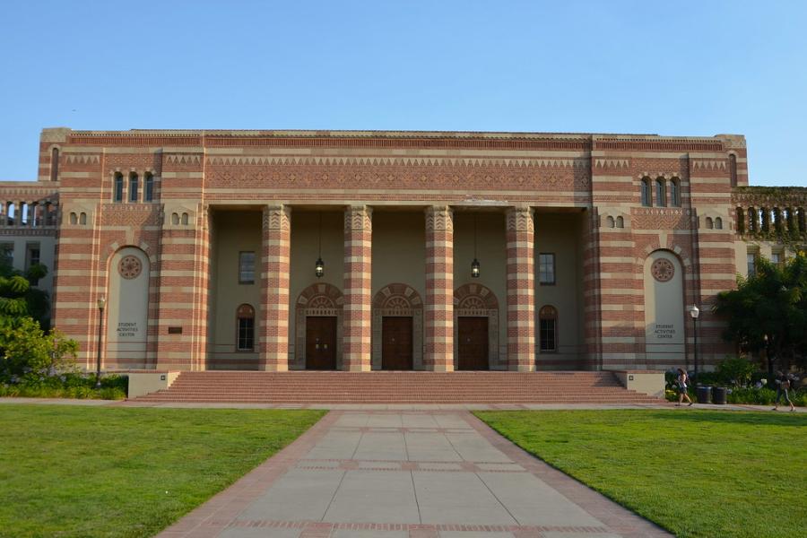 Main entrance of the Student Activity Center with four striated columns facing Dixon Plaza at UCLA.